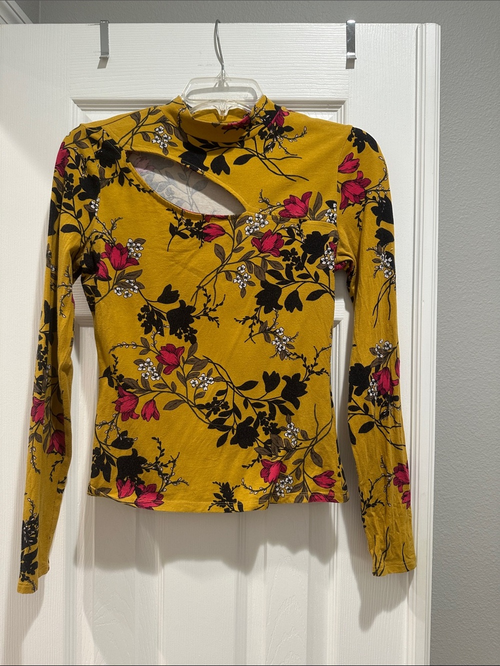 Guess Mustard Yellow Floral Cutout Long Sleeve Top with Pink Accents
